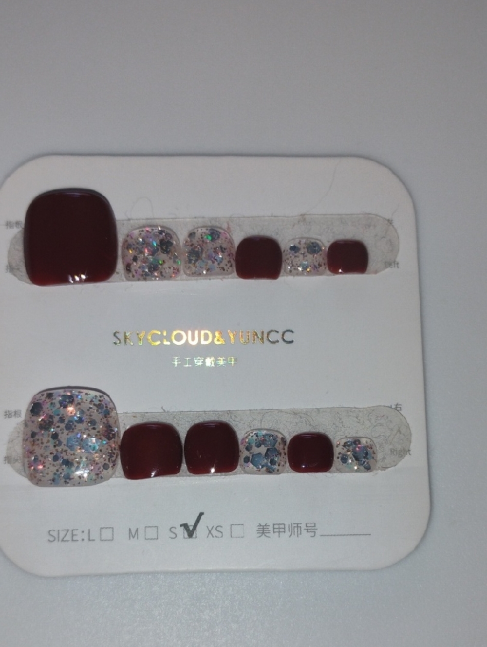 SkyCloud & Yuncc Burgundy and Glitter Press-On Toe Nails Set